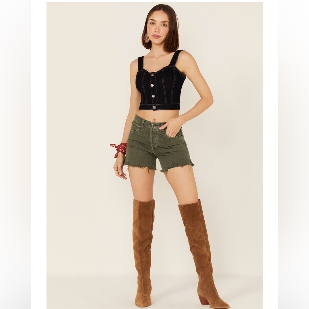 NWT Free People Makai Olive Cutoff Denim Shorts Distressed Raw Hem Boho Size 26